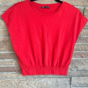 ZARA Women's Red Capped Sleeve Cinched Crop Top | Size Medium